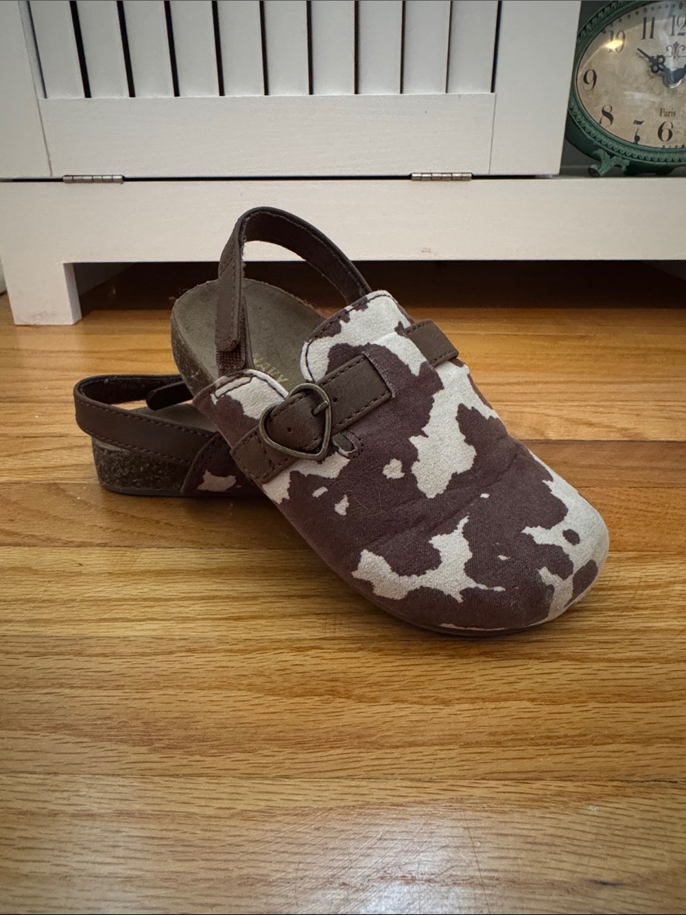 Kids Size 9 Brown and Cream Cowprint Clog Slingback Shoe